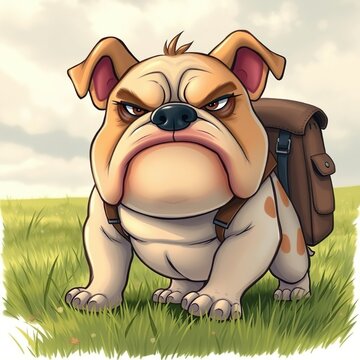 Cartoon characters animels, Grumpy Bulldog with a Backpack.
