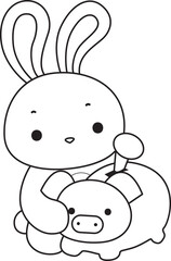 Outline of Illustration of cute bunny icon.
Lineart of Funny rabbit in daily activities elements.