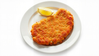 Schnitzel served on a plate with lemon wedge on the side  