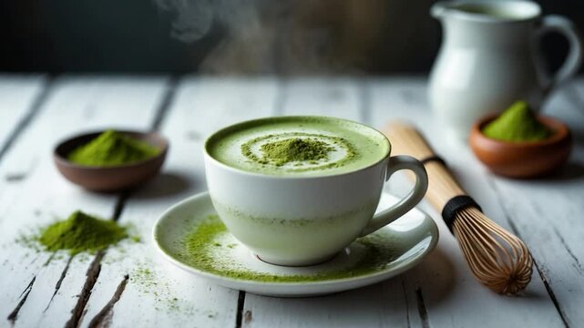 Matcha latte in a cup with blank area for text. This latte provides a delicious method to enjoy the energy boost and health benefits of matcha.