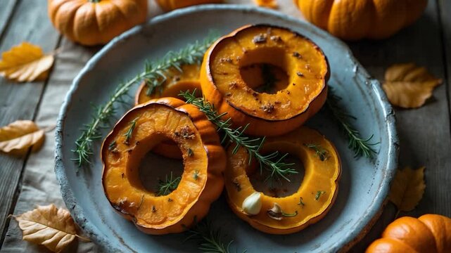 Close-up of grilled pumpkin slices seasoned with garlic and herbs. Oven-roasted pumpkin.