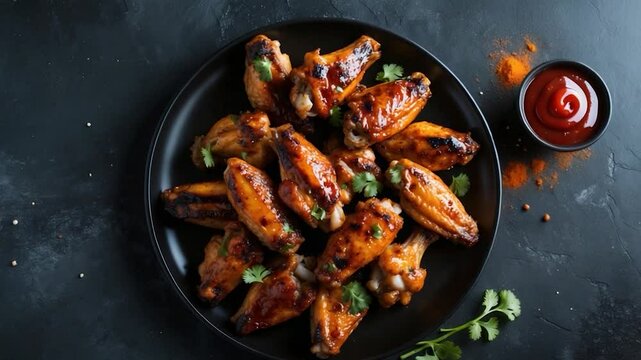 Top view of a black plate featuring spicy grilled chicken wings. Space for text.