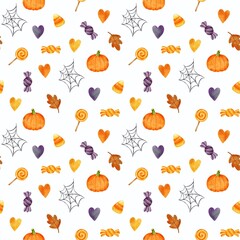Seamless pattern with cute Halloween themed elements - candies, spider web, pumpkin, hearts, autumn leaves. Halloween watercolor background. Great for textiles, scrapbooking, wrapping paper.