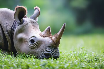 Fototapeta premium Rhinoceros on green grass in nature