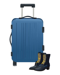 sleek blue hard case luggage with hiking boots