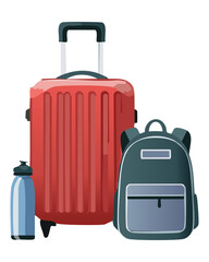 Red Suitcase with Backpack and Bottle