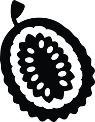 Exotic Fruit Cross Section Revealing a Black and White Contrast of Inner Seeds and Outer Peel Layers in a Simple Graphic Art