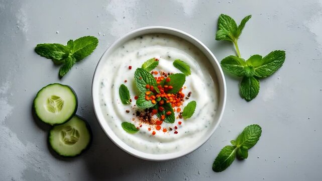 Aerial view of raita sauce featuring yogurt, cucumber, and mint on a gray background.