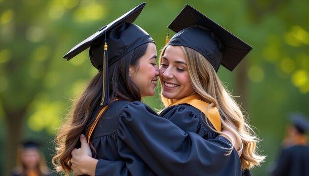 Joyful Graduates Embracing Each Other Celebrating Accomplishment on Graduation Day in Natural Outdoor Setting