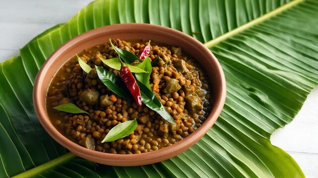 Clay pot of curry placed on a green leaf with a white background.