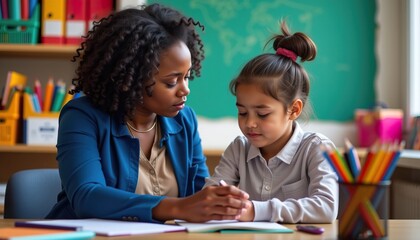 Fototapeta premium Caring Teacher Guides Young Student in Classroom Setting with Learning Materials and Colorful Supplies