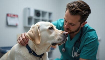 Veterinarian Comforts a Labrador Retriever in Clinic Setting, Gentle Care and Compassion for Pets