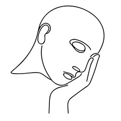 Line drawing of a human face resting on a hand in contemplation  