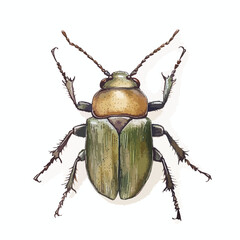 Detailed Watercolor Illustration of a Green and Gold Beetle with Antennae