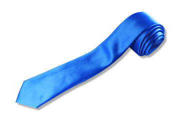 plain fabric blue tie rolled on white background closeup view 