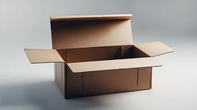 Open long brown cardboard box on a white background.