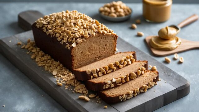 Sliced loaf cake resting on a wooden cutting board. Homemade treat made with peanut butter, peanut flour, and cinnamon topped with chopped nuts. Bird's eye view. Empty area.