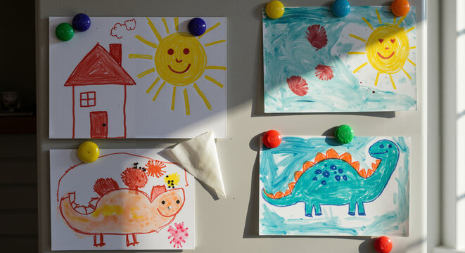 Children's colorful drawings on refrigerator magnets for home decor
