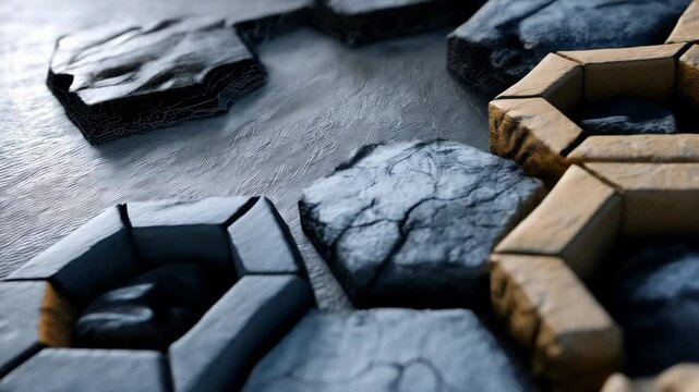 Abstract hexagonal stone pattern background with connecting elements in blue and gold colors for architectural designs or creative artistic concepts.