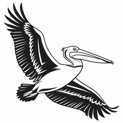 Distinctive Pelican silhouette vector icon, captured in flight showcasing its iconic large bill and pouch. This clean, black graphic is perfect for coastal, tropical, or unique wildlife themes. 