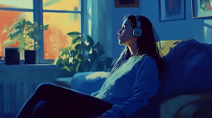 Naklejka premium A woman sits on her couch at home, headphones on, enjoying some audio. The image is a side profile portrait. 