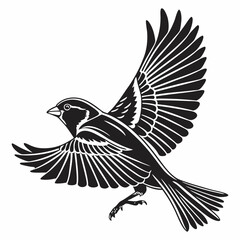 Charming Sparrow/Finch silhouette vector icon, capturing the quick, fluttering flight of a small songbird. This clean, black graphic is versatile for garden themes, everyday nature, or subtle bird 