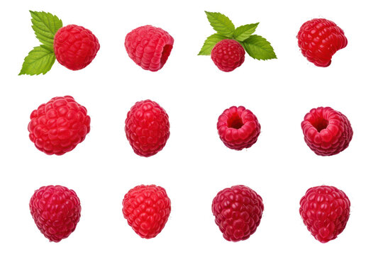set of many different fresh raspberries with leaves isolated on white or transparent png
