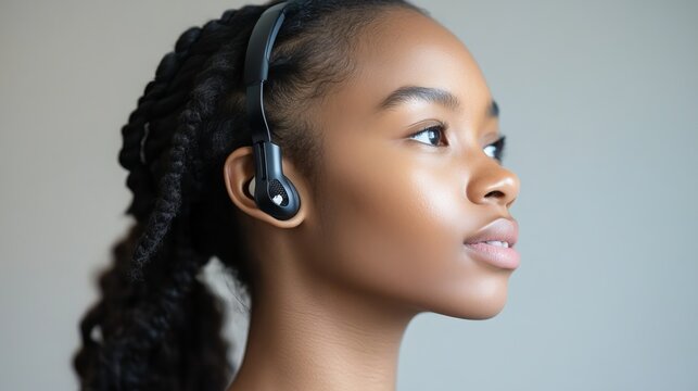 A young woman uses bone conduction headphones.
 