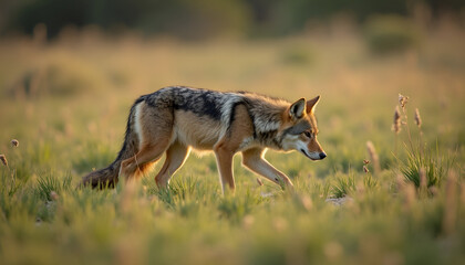 Fototapeta premium Coyote confidently strides through tall grasses in a sun-drenched field at golden hour light.
