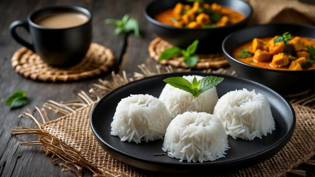 Breakfast: Noolappam and Idiyappam Served with Hot Spicy Chickpea Curry and Coconut Milk