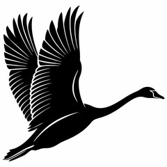 Graceful Swan silhouette vector icon, captured in elegant flight with its long neck extended. This clean, black graphic embodies beauty, love, and serenity. Ideal for wedding themes, luxury brands © MdMusfiqur
