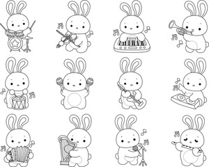 Outline of Illustration of cute bunny icon.
Lineart of Funny rabbit in daily activities elements.
