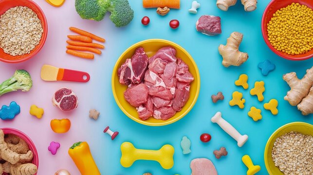 Colorful banner showcasing fresh ingredients for homemade pet food: meats, organs, vegetables, oats, and fun extras like toys and a bone.  Perfect for healthy raw diets for cats and dogs.
 