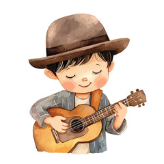 Serene Watercolor Boy Playing Acoustic Guitar