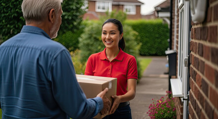 Friendly courier delivers package happy customer smiles brightly excellent service guaranteed