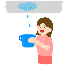 天井が雨もりをして困っている女性のイラスト