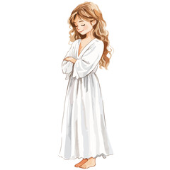 Serene young woman with flowing blonde hair in a white dress