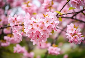 Delicate pink cherry blossoms in full bloom, soft focus spring garden background, pink, bright