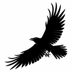 Bold Crow/Raven silhouette vector icon, depicted in strong, purposeful flight. This clean, black graphic highlights the intelligent and often mysterious nature of these corvids. Suitable for gothic