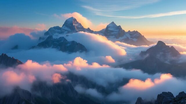 Sunrise panorama of mountain peaks surrounded by sea of clouds