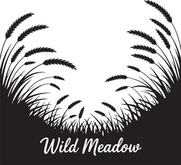 Black and white silhouette of wheat stalks with "Wild Meadow" text, ideal for nature, farming, and countryside-themed designs.