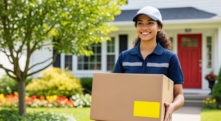 Friendly courier delivers package happy customer smiles brightly excellent service guaranteed