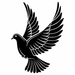 Peaceful Dove silhouette vector icon, depicted in gentle flight with wings gracefully spread. This clean, black graphic is a timeless symbol of peace, hope, and love. Perfect for wedding invitations, 