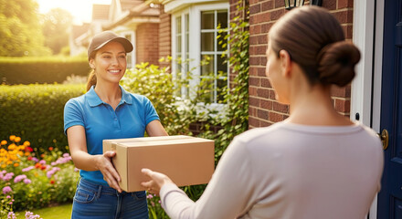 Friendly courier delivers package happy customer smiles brightly excellent service guaranteed