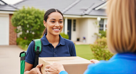Friendly courier delivers package happy customer smiles brightly excellent service guaranteed
