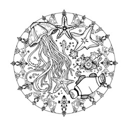 Marine Life Mandala: A beautiful mandala featuring intricate line art of various marine creatures, creating a soothing and artistic underwater scene.