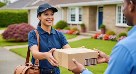 Friendly courier delivers package happy customer smiles brightly excellent service guaranteed