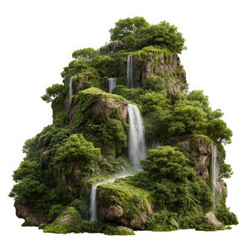 Lush waterfall mountain landscape isolated on transparent background