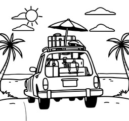 Adventure on the Horizon: A classic vehicle, laden with luggage, sets off on a beach trip, symbolising escape and wanderlust in a minimalist, two-tone artistic illustration.