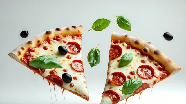 Delicious floating pizza pieces